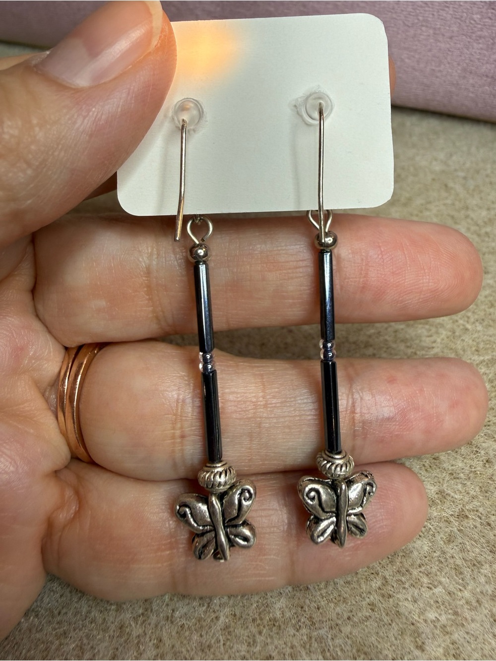 Hematite and Silver Butterfly Drop Earrings-  Handmade - Picture 3 of 3